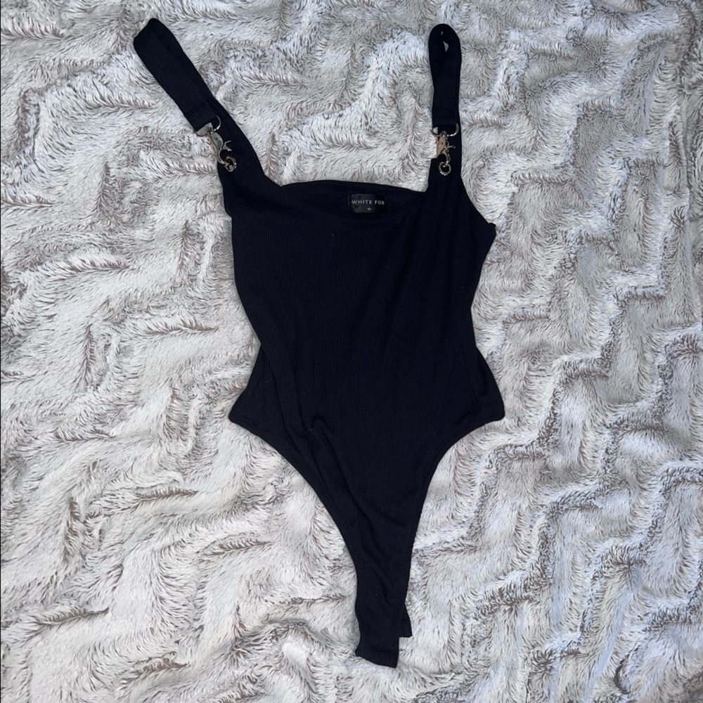 White fox black ribbed bodysuit with gold clasp shoulder straps so cool